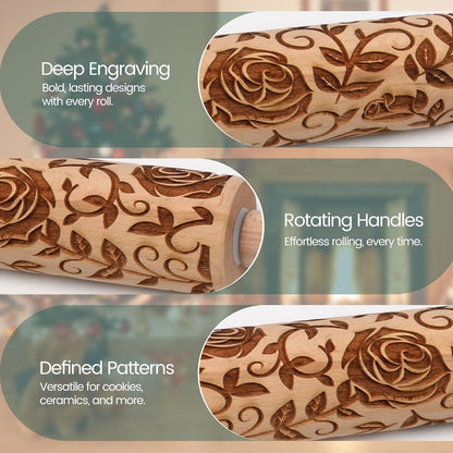Floral Vine Embossed Rolling Pins for Cookies, Wooden Engraved Rolling Pins for Baking, Embossing Rolling Pins with Designs, Patterned Rolling Pin Decorative Springerle Mold Stamp Clay Pattern Roller