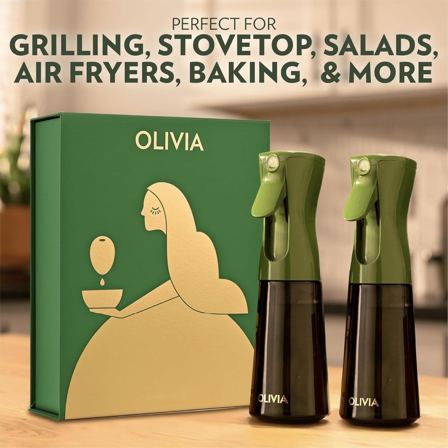 OLIVIA SIGNATURE Advanced Kitchen Oil Sprayer with Flairosol Technology, Fine Mist & Portion Control, Refillable Glass Olive Oil Cooking Spray Bottle for Air Fryer, Salad, BBQ, 2 Pack 200ml (Green)