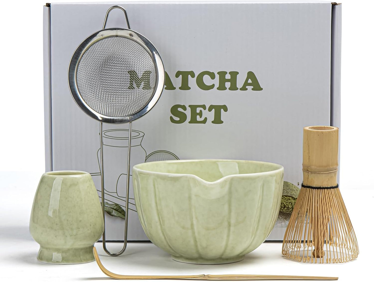 Matcha Whisk Set, Matcha Set Includes Ceramic Matcha Bowl, Bamboo Whisk, Scoop, Chasen Holder, Sifter, 5 Pcs Perfect Matcha Kit for Matcha Lover (Pearl White)