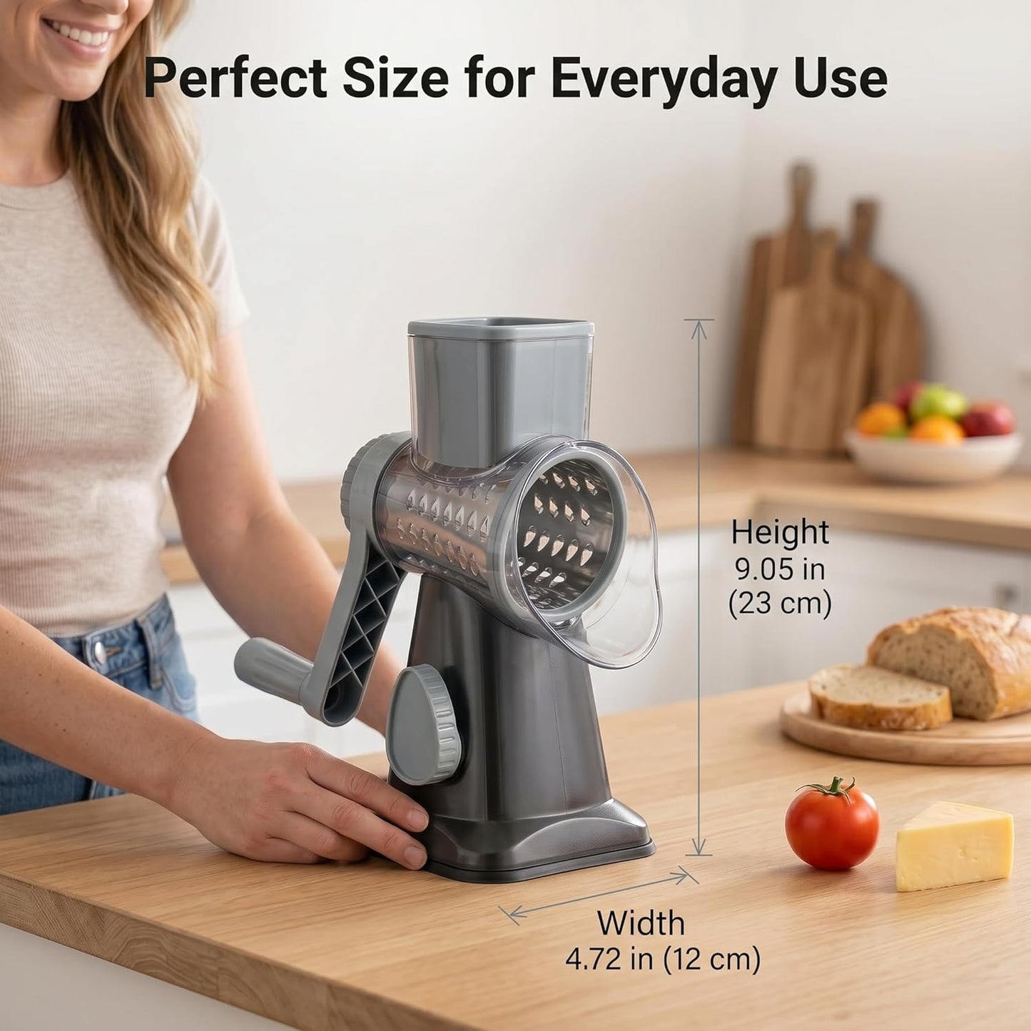 Rotary Cheese Grater Hand Crank, Cheese Shredder Stainless Steel with 3 Interchangeable Blades, Manual Food Grater and Shredder, Potato Shredder, Vegetable Cutter, Countertop Suction Base