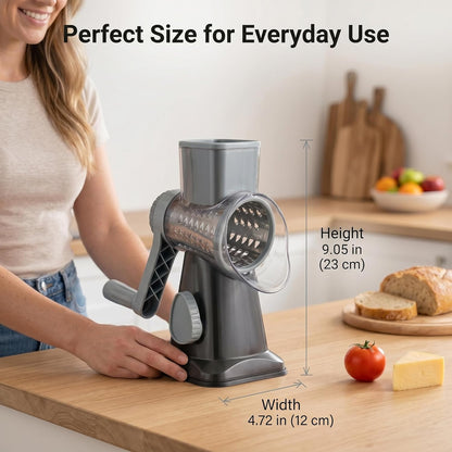 Rotary Cheese Grater Hand Crank, Cheese Shredder Stainless Steel with 3 Interchangeable Blades, Manual Food Grater and Shredder, Potato Shredder, Vegetable Cutter, Countertop Suction Base