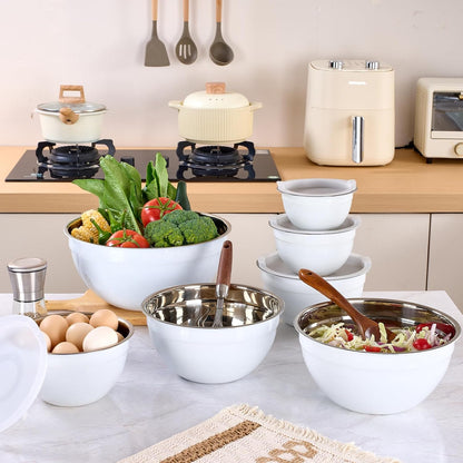 Red Mixing Bowls with Lids Set of 7, Stainless Steel Nesting Bowl with Khaki Lid for Non-slip Mixing Prepping Storing Serving, 7 Sizes-7/3.6/2.7/2.1/1.5/1/0.8 QT