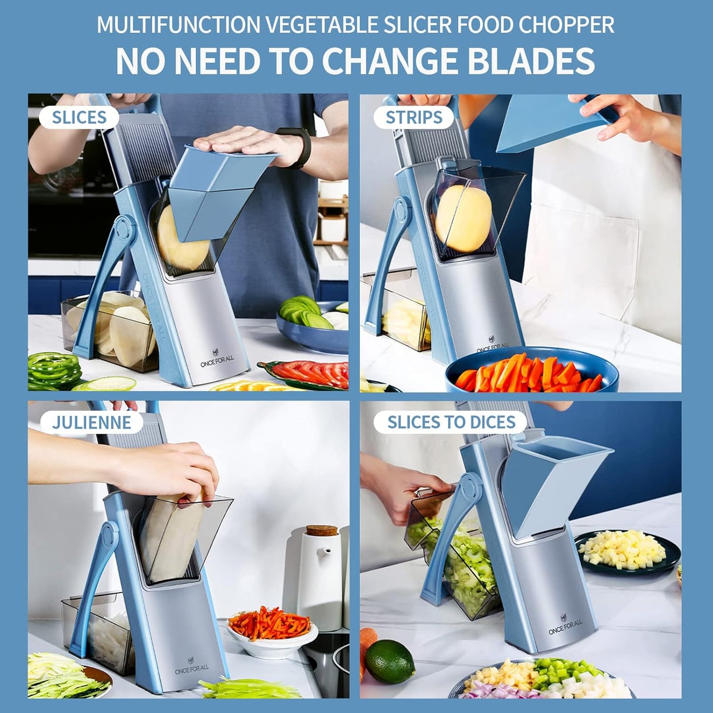 ONCE FOR ALL Upgrade Safe Mandoline Slicer Plus, Adjustable Vegetable Food Chopper Potato Fries French Fry Cutter, Detachable Blade, Kitchen Chopping Artifact, New Kitchen Gift (DarkGray)