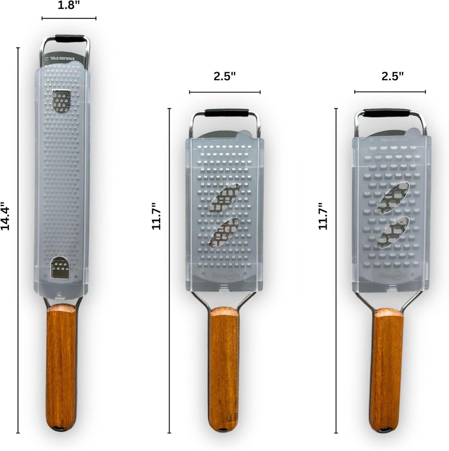 NAZANIN 3-Piece Stainless Steel Cheese Grater & Zester Set w/Acacia Wood Handles – For Parmesan, Lemon Zest, Ginger, and Spices