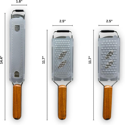 NAZANIN 3-Piece Stainless Steel Cheese Grater & Zester Set w/Acacia Wood Handles – For Parmesan, Lemon Zest, Ginger, and Spices