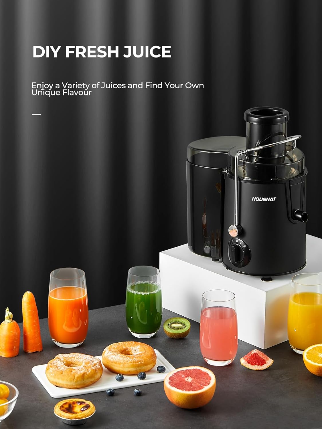 Juicer Machines, HOUSNAT Juicer Whole Fruit and Vegetables with 3-Speed Setting, 400 W Motor Quick Juicing Ideal for Beginners & Light Daily Use, Cleaning Brush and Juicing Recipe Included
