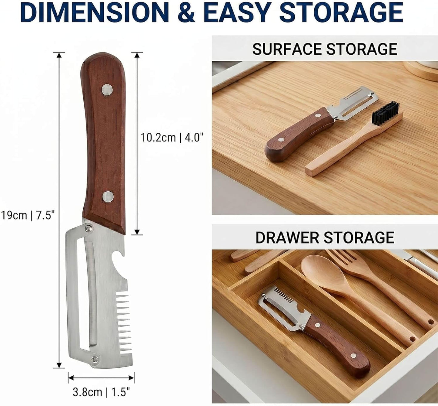 3-in-1 Stainless Steel Vegetable Peeler with Wooden Handle, Julienne Shredder and Bottle Opener for Kitchen & Camping, Includes Cleaning Brush