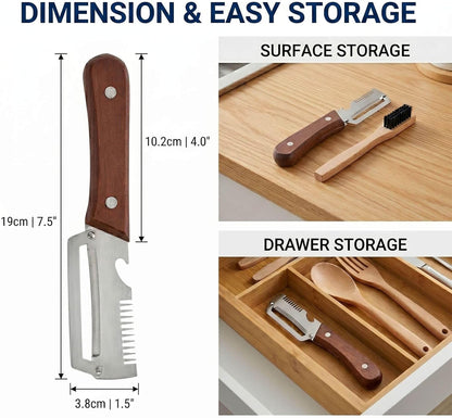 3-in-1 Stainless Steel Vegetable Peeler with Wooden Handle, Julienne Shredder and Bottle Opener for Kitchen & Camping, Includes Cleaning Brush