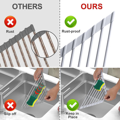 MERRYBOX Roll Up Over The Sink Dish Drying Rack Silicone Wrapped Foldable, Heat-Resistant, Anti-Slip Sink Rack Multipurpose Dish Drainer for Kitchen Sink Counter - White, 17.5" x 11"