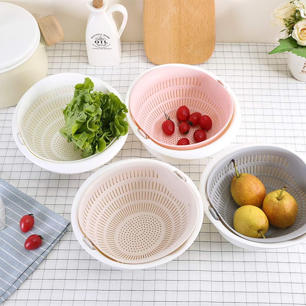Double Layer Swivel Drainer 2 in 1 Bowl Strainer Combo - Kitchen Colander Fruit Wash Strainer for Cleaning Veggies, Noodles (Beige)