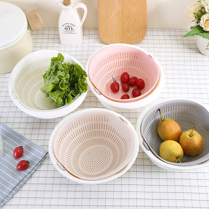 Double Layer Swivel Drainer 2 in 1 Bowl Strainer Combo - Kitchen Colander Fruit Wash Strainer for Cleaning Veggies, Noodles (Beige)