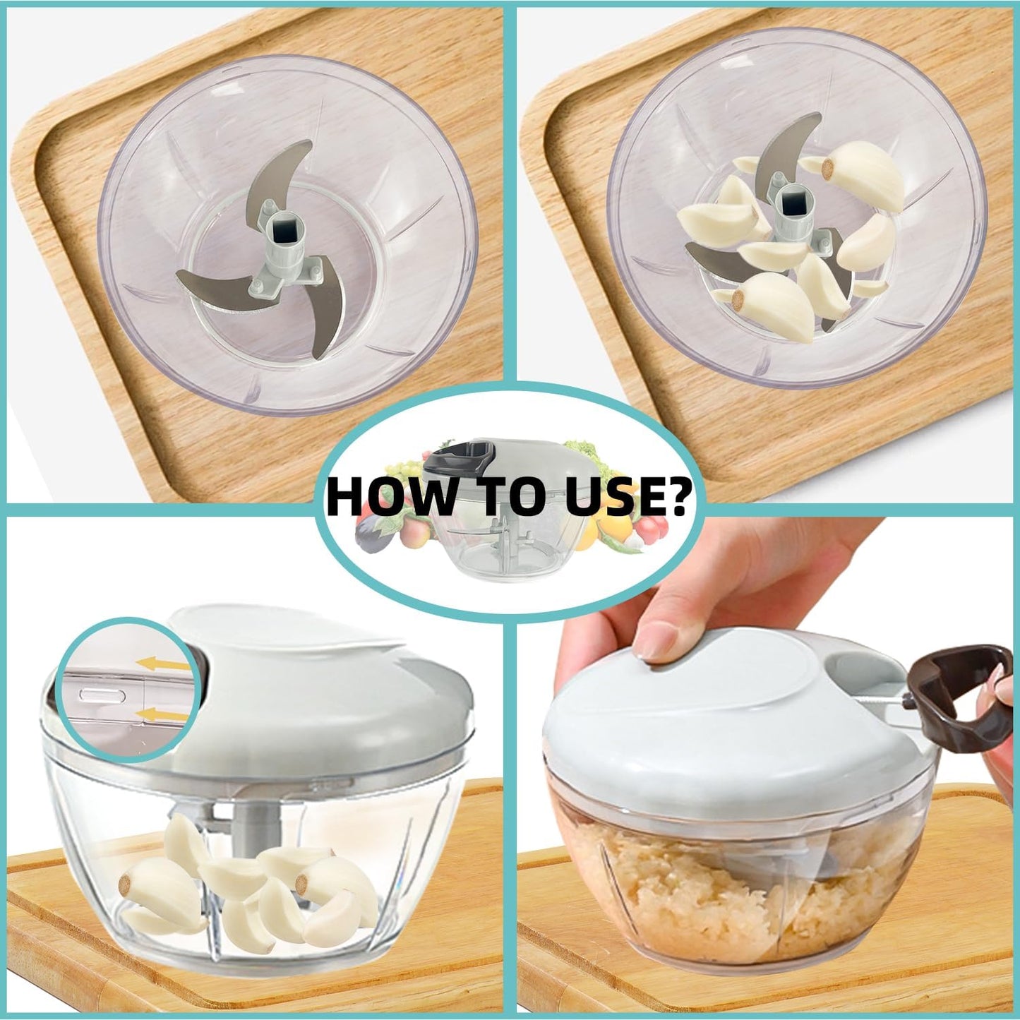 Manual Food Processor Vegetable Chopper, Hand Pull String Garlic Mincer Cutter for Veggies, Fruits, Nuts, Meat, Salad,500ml Gray