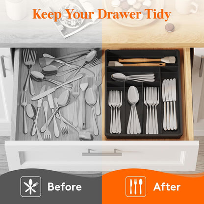 Lifewit Silverware Drawer Organizer Tray, Plastic Cutlery Storage for Kitchen, Flatware and Utensil Holder Divider for Spoons Forks Knives Tableware, 9.1 x 12.6", 5 Slots, Black