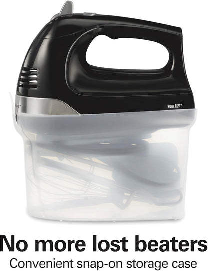 Hamilton Beach 6-Speed Electric Hand Mixer with Whisk, Dough Hooks and Easy Clean Beaters, Powerful 275 Watt Motor, Snap-On Storage Case, Black