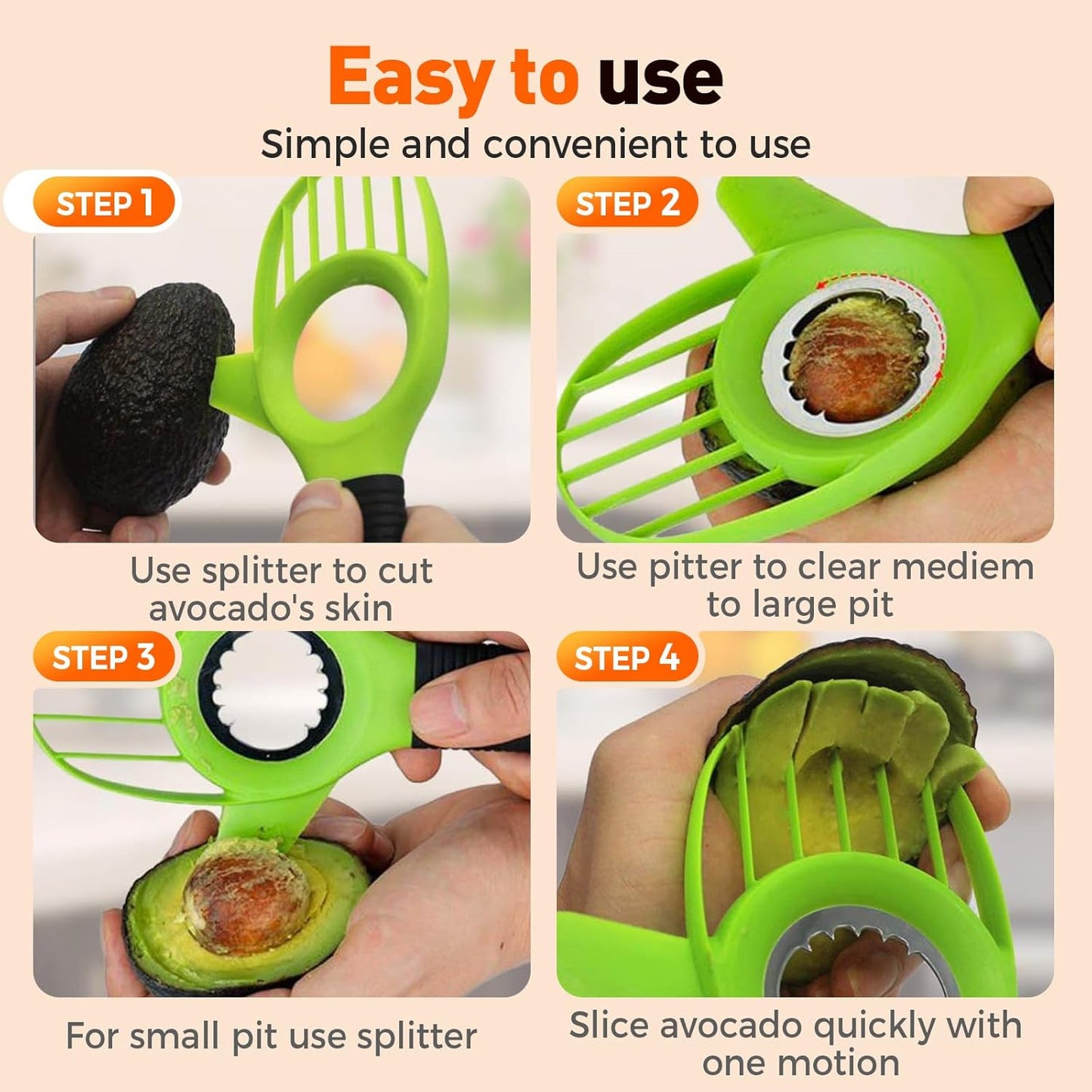 3-in-1 Avocado Slicer Tool, Multi-Function Splitter Pitter Cutter, Silicone Comfort-Grip Handle Avocado Peeler for Kitchen (1PC)