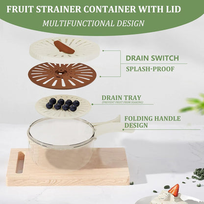 Multifunctional Fruit Washing Bowl with Strainer,2 in 1 Drain basket and Fruit Strainer Container with Lid,Fruit Washer Bowl for Kitchen,Fridge,Picnic & Camping(1QT)