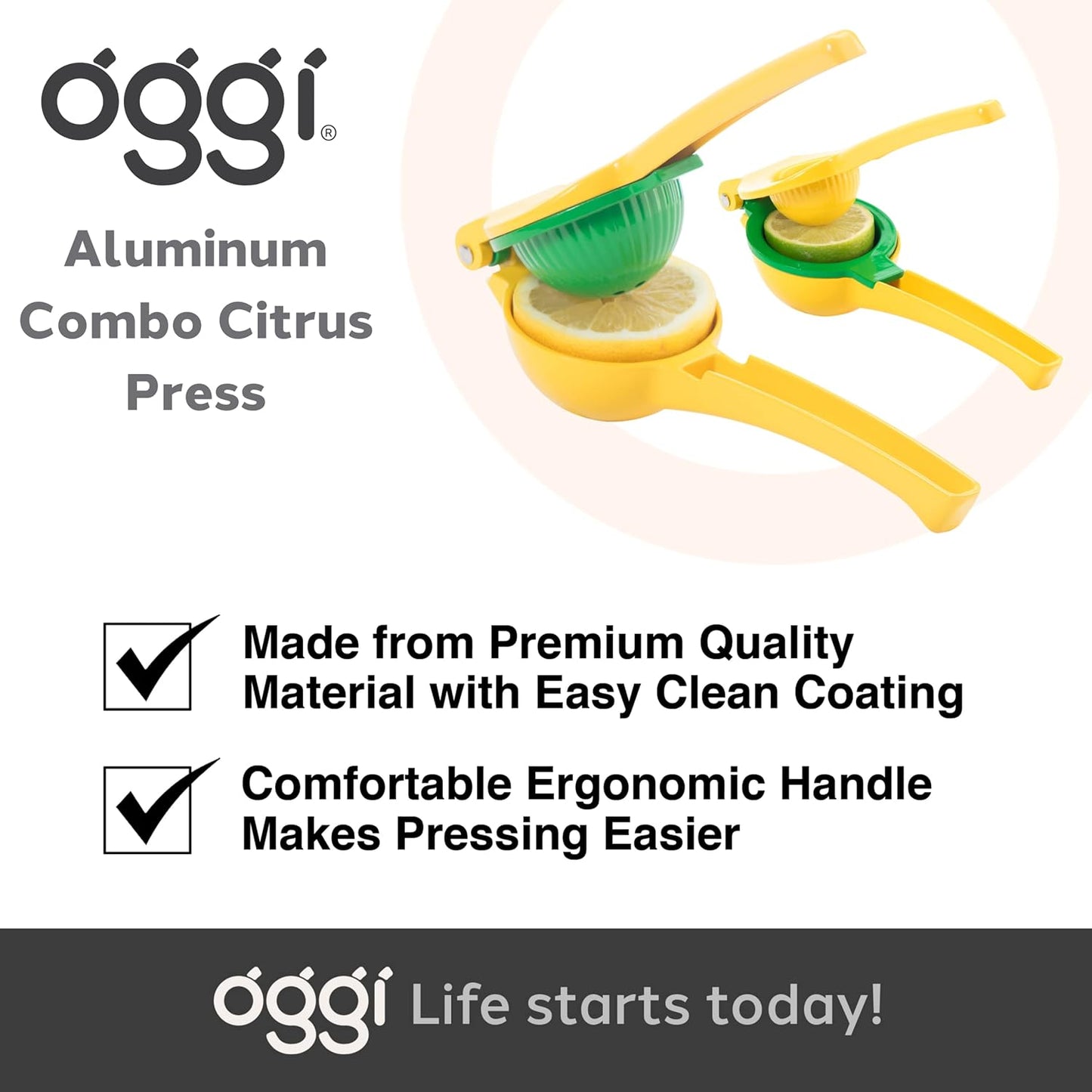 OGGI Combo Citrus Press- Aluminum Manual Citrus Juicer w/Non-Stick Coating, Ideal Hand Juicer, this Citrus Squeezer is a Great Addition to Your Kitchen Accessories, Yellow