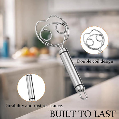 1PCS Stainless Steel Danish Whisk & Bread Whisk - 304 Steel Egg Beater & Dough Mixing Tool with Double Coil - Professional Baking Tool for Pastry & Bread Making