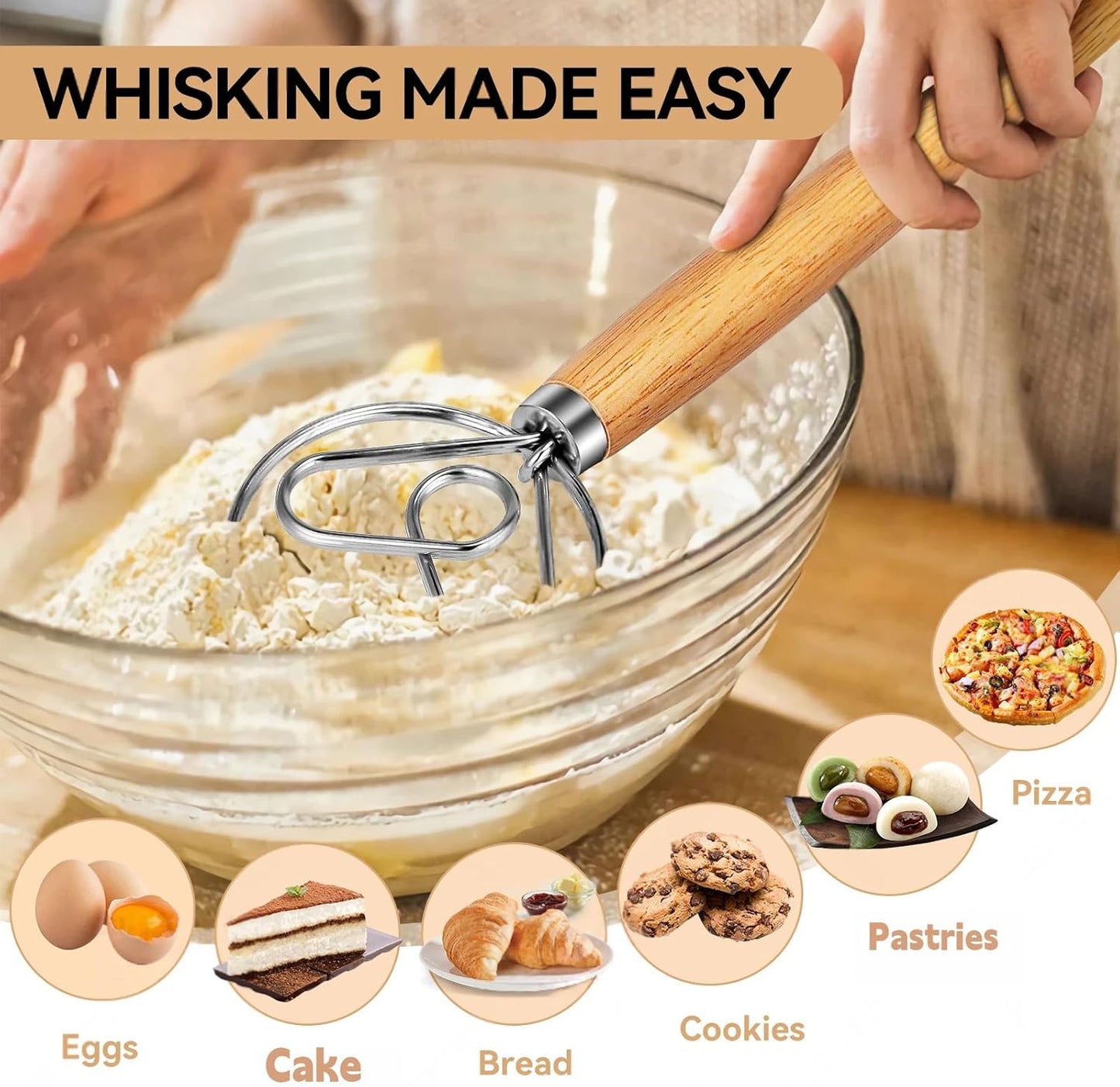 TEEVEA Danish Dough Whisk Stainless Steel for Sourdough Pizza and Bread Baking