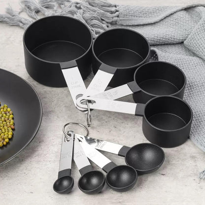 8 Pcs Measuring Cups and Spoons Set, Stackable Black Measuring Spoons for Measuring Dry and Liquid Ingredients Small Teaspoon with Plastic Head