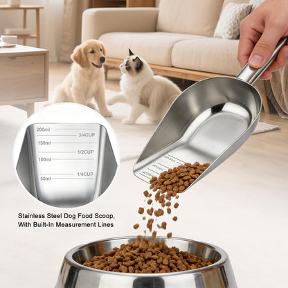 Pet Dog Food Scoop, 304 stainless steel material, 1 Cup Measuring Cup with Precision Scale Markings, Durable and Rust-Resistant