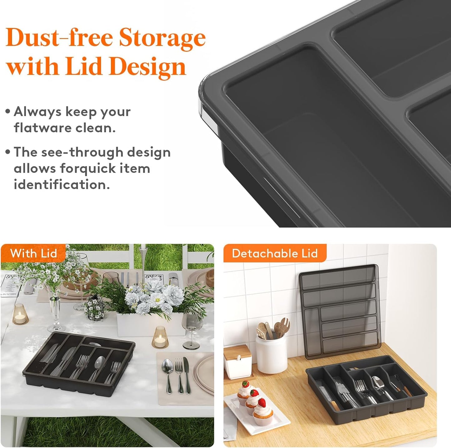 Lifewit Silverware Organizer with Lid, Covered Utensil Tray for Kitchen Drawer and Countertop, Plastic Cutlery and Flatware Storage Box for Spoons Forks Knives Holder Case, 12.6x11.8", Gray