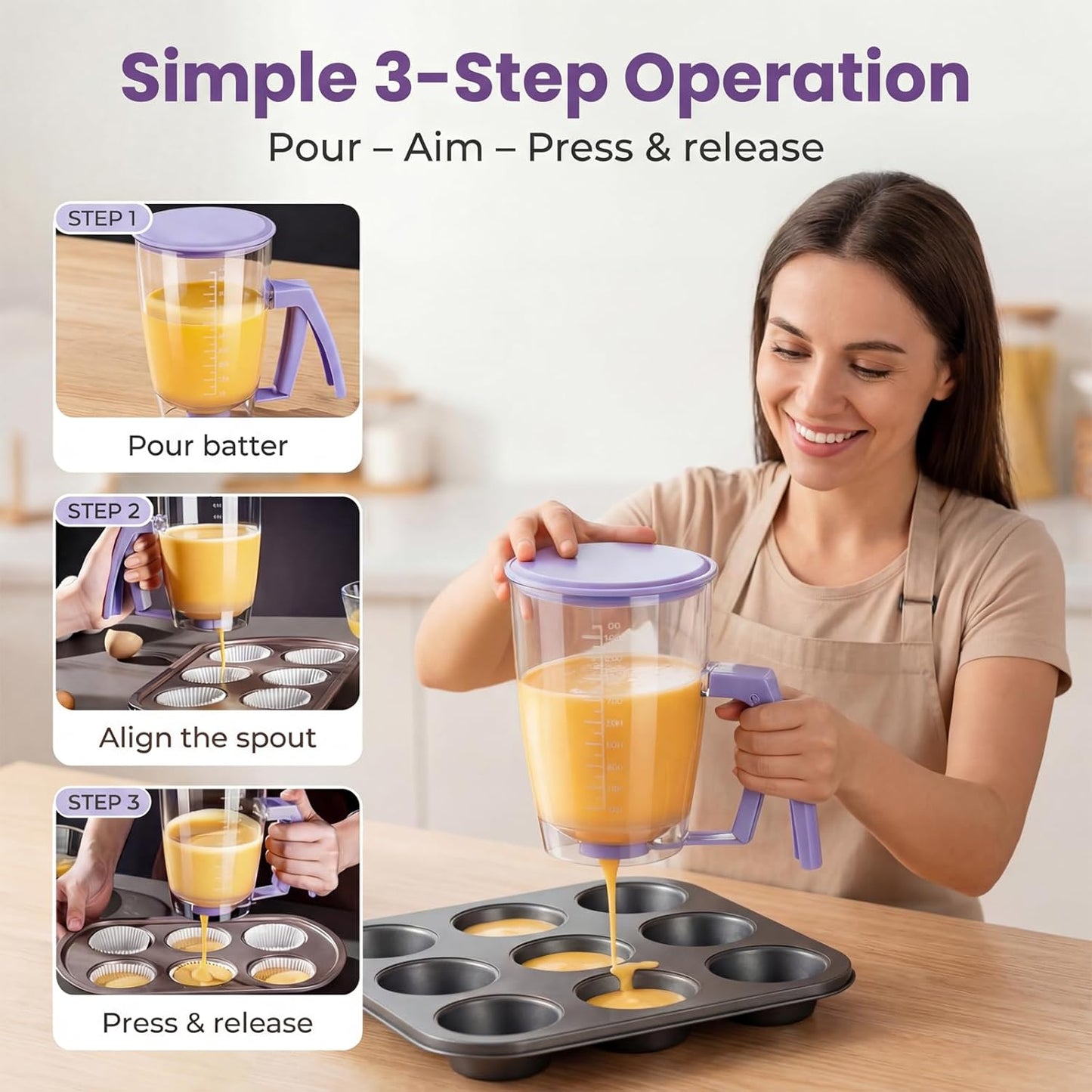 2 Sets of Batter Dispenser with Squeeze Handle – Evenly Dispense Batter for Pancakes, Waffles, Cupcakes, Muffins & Crepes – Pancake Batter Dispenser Bottle with Measurement Scale for Breakfast