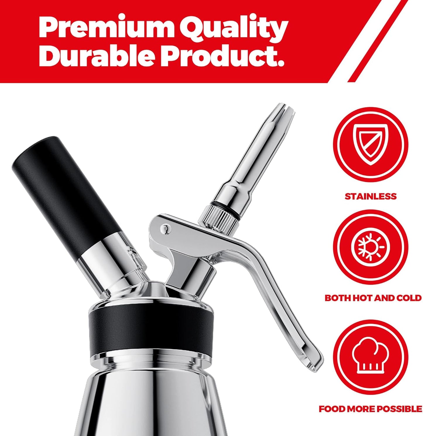 Professional Aluminum Whipped Cream Dispenser - 500 mL/1 Pint,Leak-Free Whipped Cream Maker Canister with 8 Decorating Nozzles & Cleaning Brush - N2O Chargers (Not Included) (Silver, 500ml)