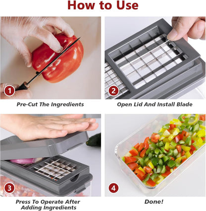 Vegetable Chopper, Onion Chopper Dicer, Mandoline Slicer, Food Chopper with Container, Vegetable Cutter for Salad Potato Carrot Garlic（2 Blades, Black）
