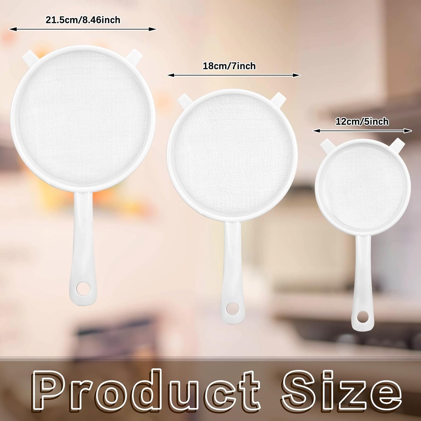 3 Pcs Plastic Nylon Mesh Strainer Colander with Handle Double Ear Fine Food Mesh Strainer Flour Sifter for Baking Kitchen Colander Sifter Kefir Tea Juice Pasta(3 Inch, 4 Inch, 5.5 Inch)