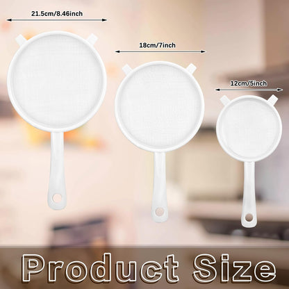 3 Pcs Plastic Nylon Mesh Strainer Colander with Handle Double Ear Fine Food Mesh Strainer Flour Sifter for Baking Kitchen Colander Sifter Kefir Tea Juice Pasta(3 Inch, 4 Inch, 5.5 Inch)