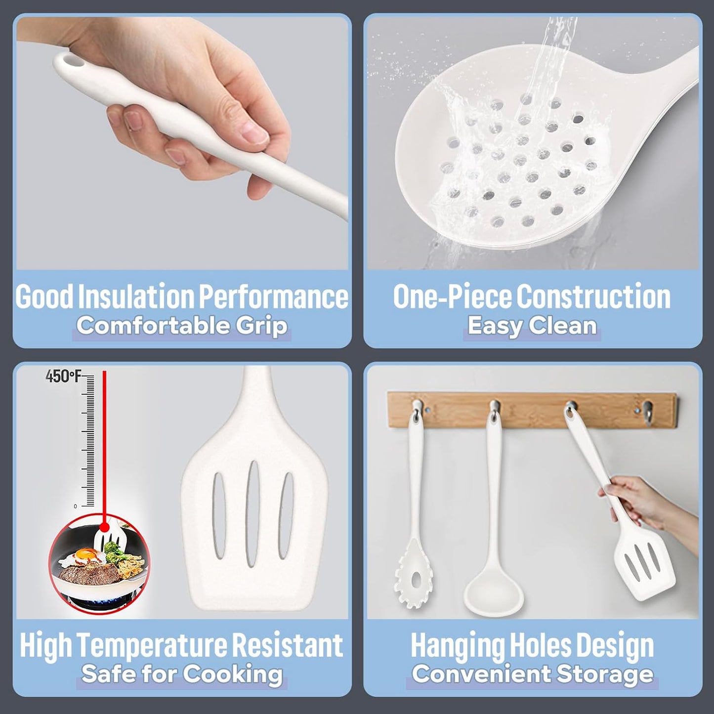 E-far Silicone Cooking Utensils Set, 7-Piece Black Heat Resistant Kitchen Utensils Set, Kitchen Nonstick Tools Spatula Ladle Spoon Pasta Server for Non-stick Cookware, Non-Toxic & Dishwasher safe