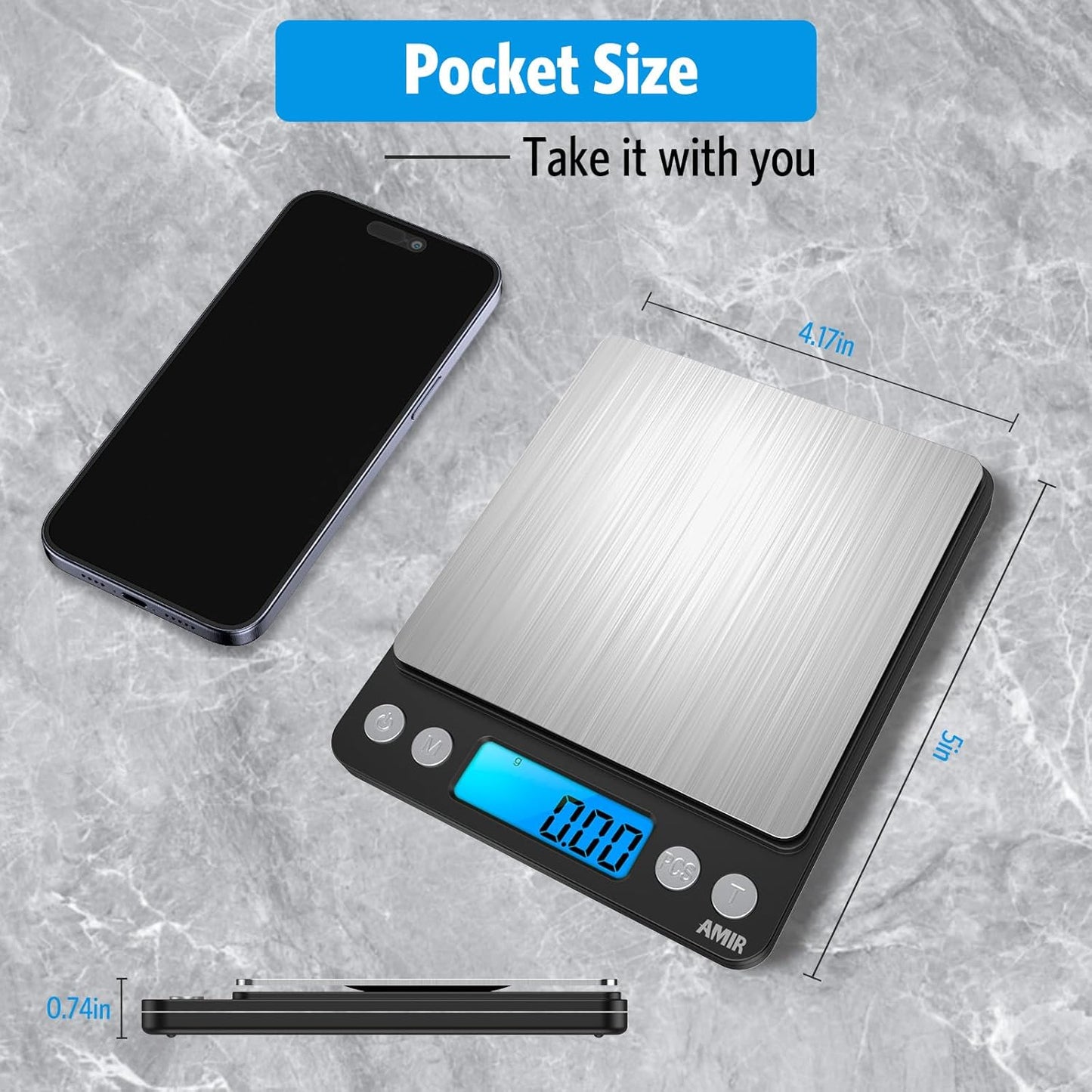 (Upgraded) AMIR Digital Kitchen Scale, 500g Mini Pocket Jewelry Scale, Food Scale, Coffee Scale, Back-Lit LCD Display, 2 Trays, 6 Units, Auto Off, Tare, PCS, Stainless Steel (Batteries Included)