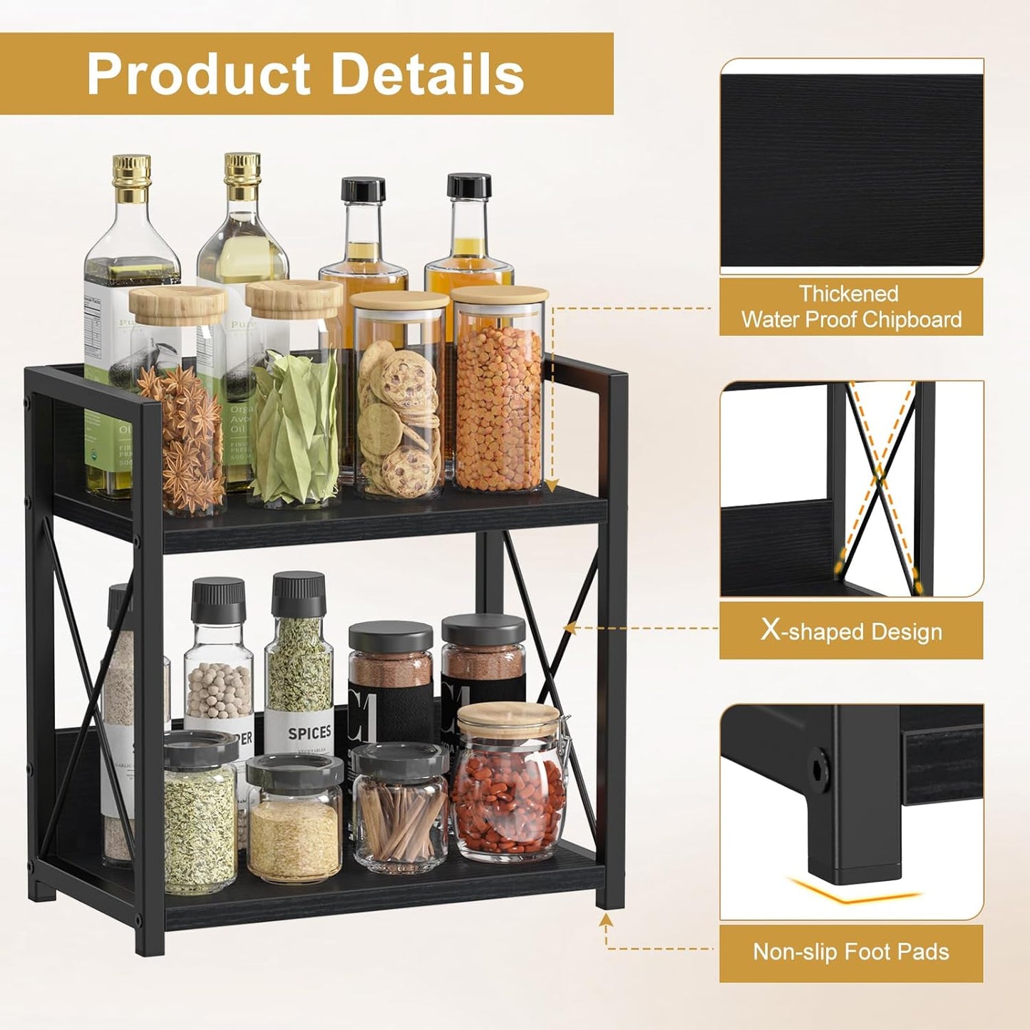 Giikin Countertop Shelf Organizer, 2 Tier Kitchen Spice Rack for Countertop, Wood Coffee Counter Shelf Organizer for Home (Brown, S)