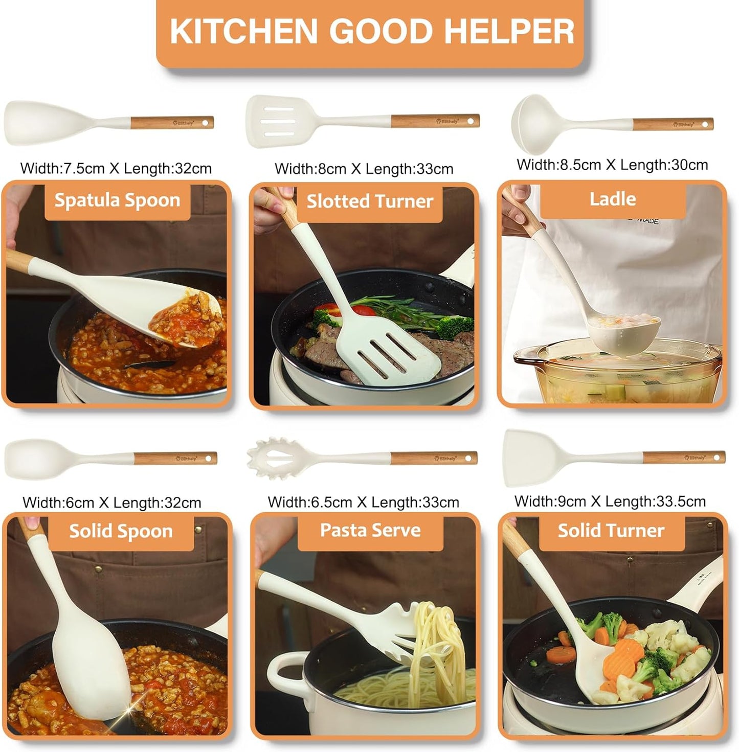 Large Silicone Cooking Utensils Set, 10Pcs Nonstick Kitchen Utensil Set with Wooden Handle, Heat Resistant Silicone Utensils for Cooking, BPA Free Spatula Set with Turners Spoon Ladle Skimmer(Black)