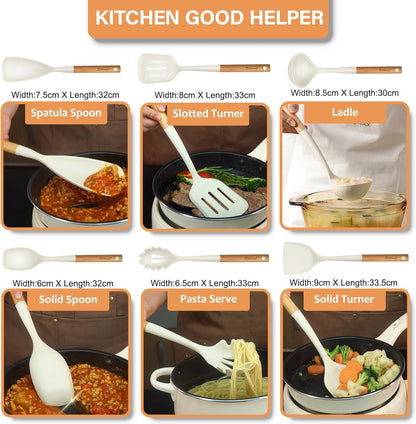 Large Silicone Cooking Utensils Set, 10Pcs Nonstick Kitchen Utensil Set with Wooden Handle, Heat Resistant Silicone Utensils for Cooking, BPA Free Spatula Set with Turners Spoon Ladle Skimmer(Black)