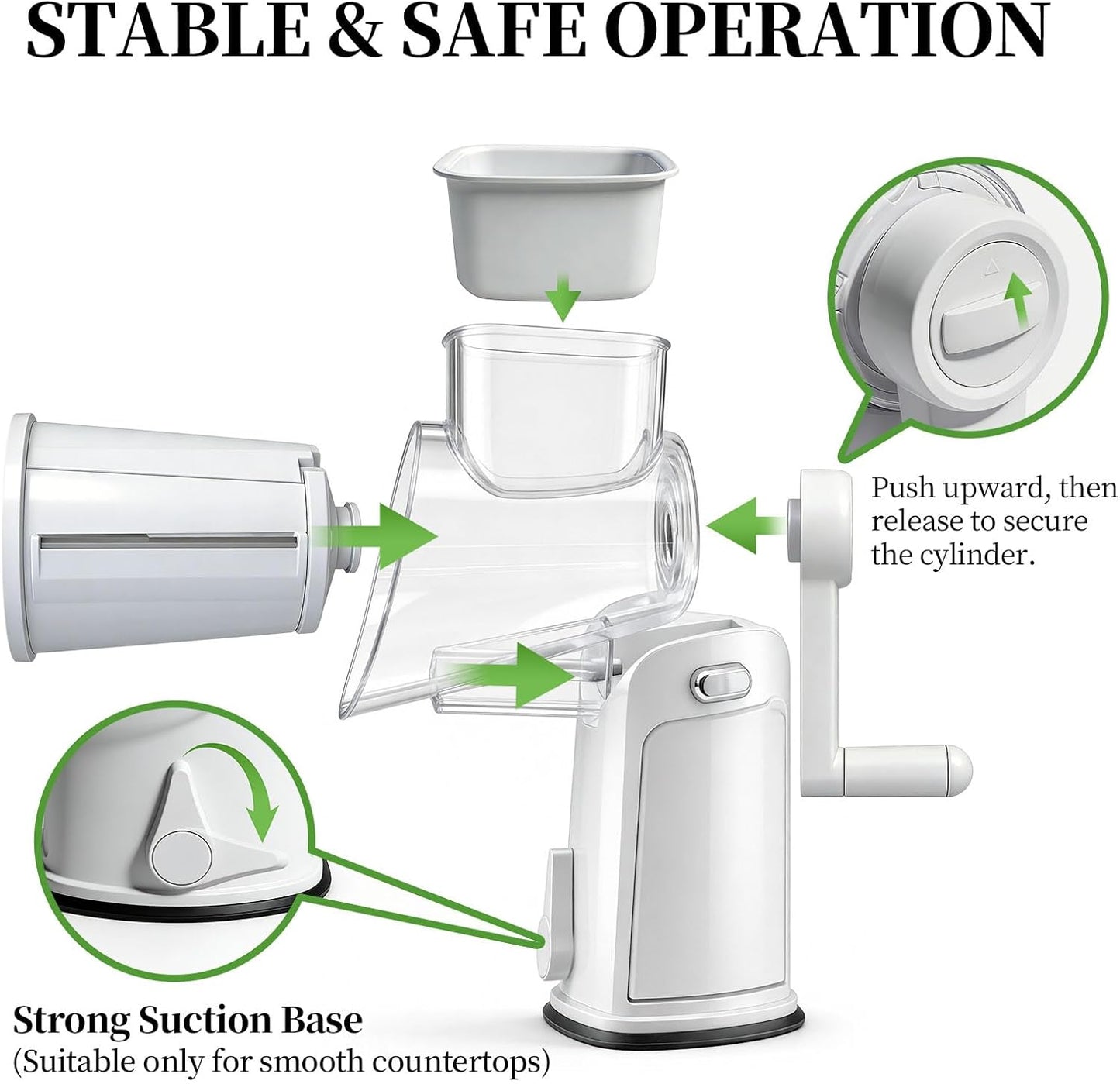 Cheese Grater Hand Crank with Integrated Storage Room, 5 Blades Cheese Grater Rotary with Handle, Potato Shredder, Kitchen Shredder for Vegetable, Fruit, Nut, Non-Slip Suction Base