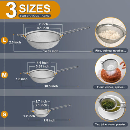 Ydeapi 8.6" Large Fine Mesh Strainer with Handle, Metal Food Strainers for Kitchen, Sieve Fine Mesh Stainless Steel for Rice, Quinoa, Pasta, Noodles