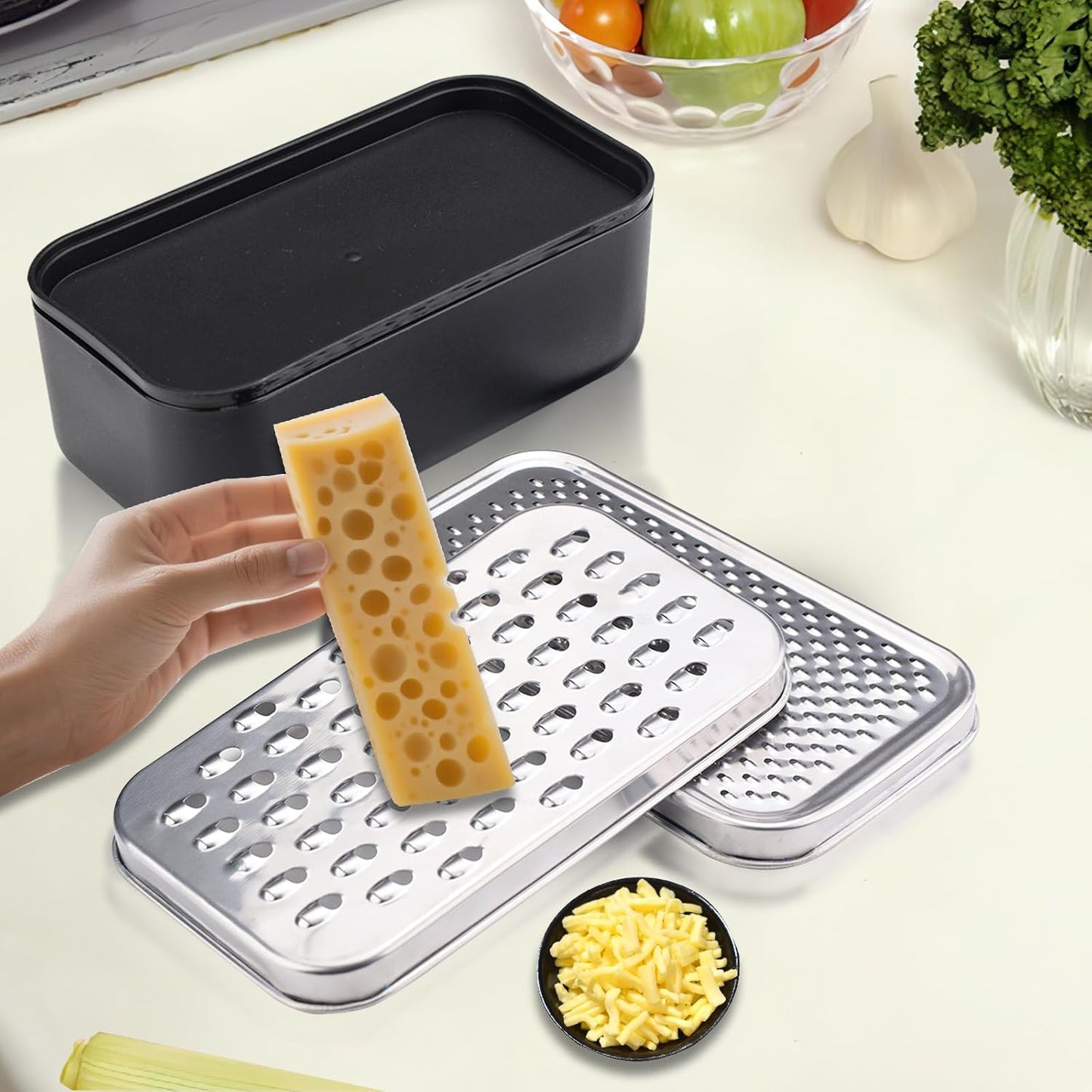 Cheese Grater with Container, Stainless Steel Cheese Shredder, Multifunctional Box Grater, Graters for Kitchen to Shredding Vegetable, Fruits