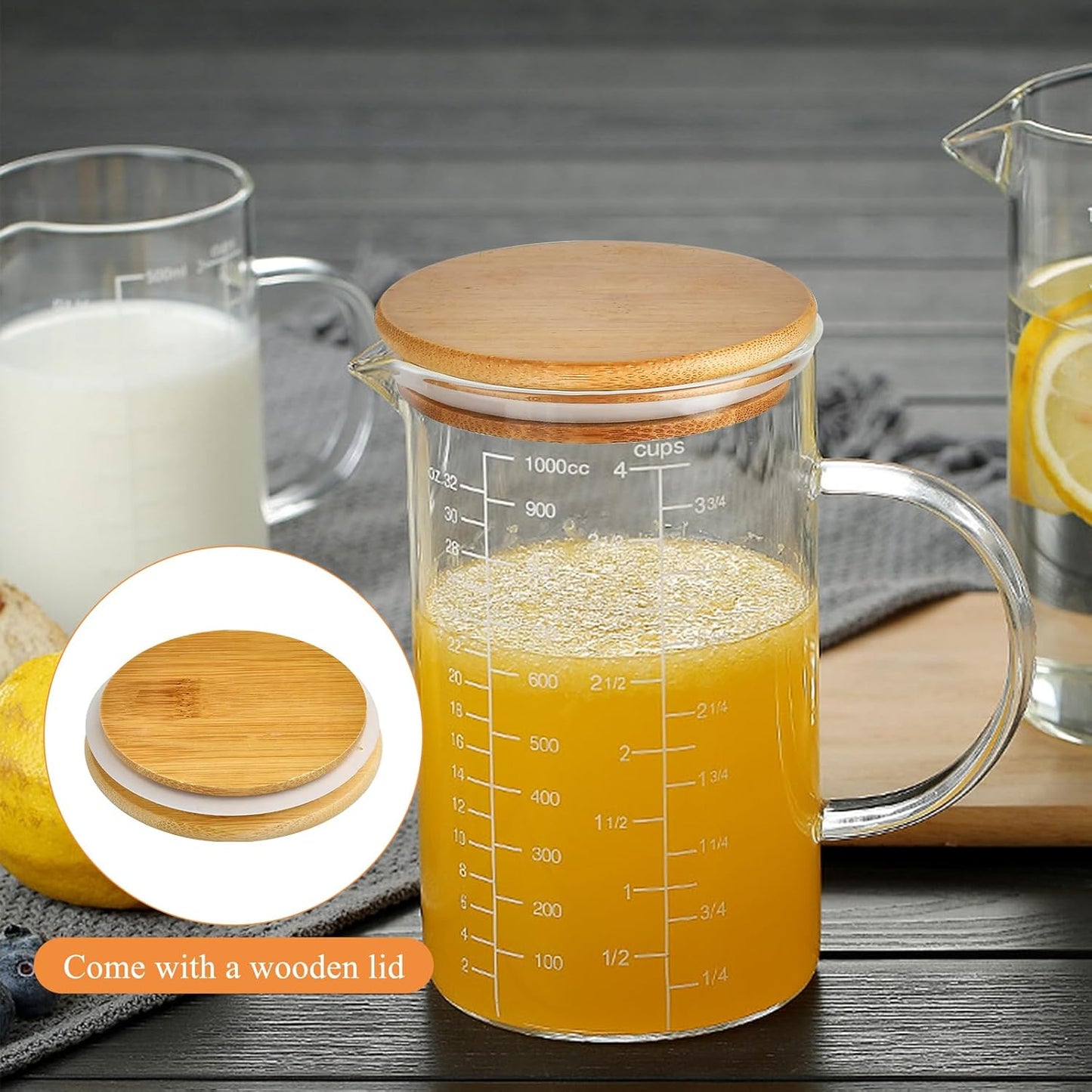 Glass Measuring Cup, 1000 ML (33.8 Oz, 4 Cup) High Borosilicate Glass Measuring Cup with Wood Lid Insulated Handle V-Shaped Spout for Kitchen Restaurant Easy To Read