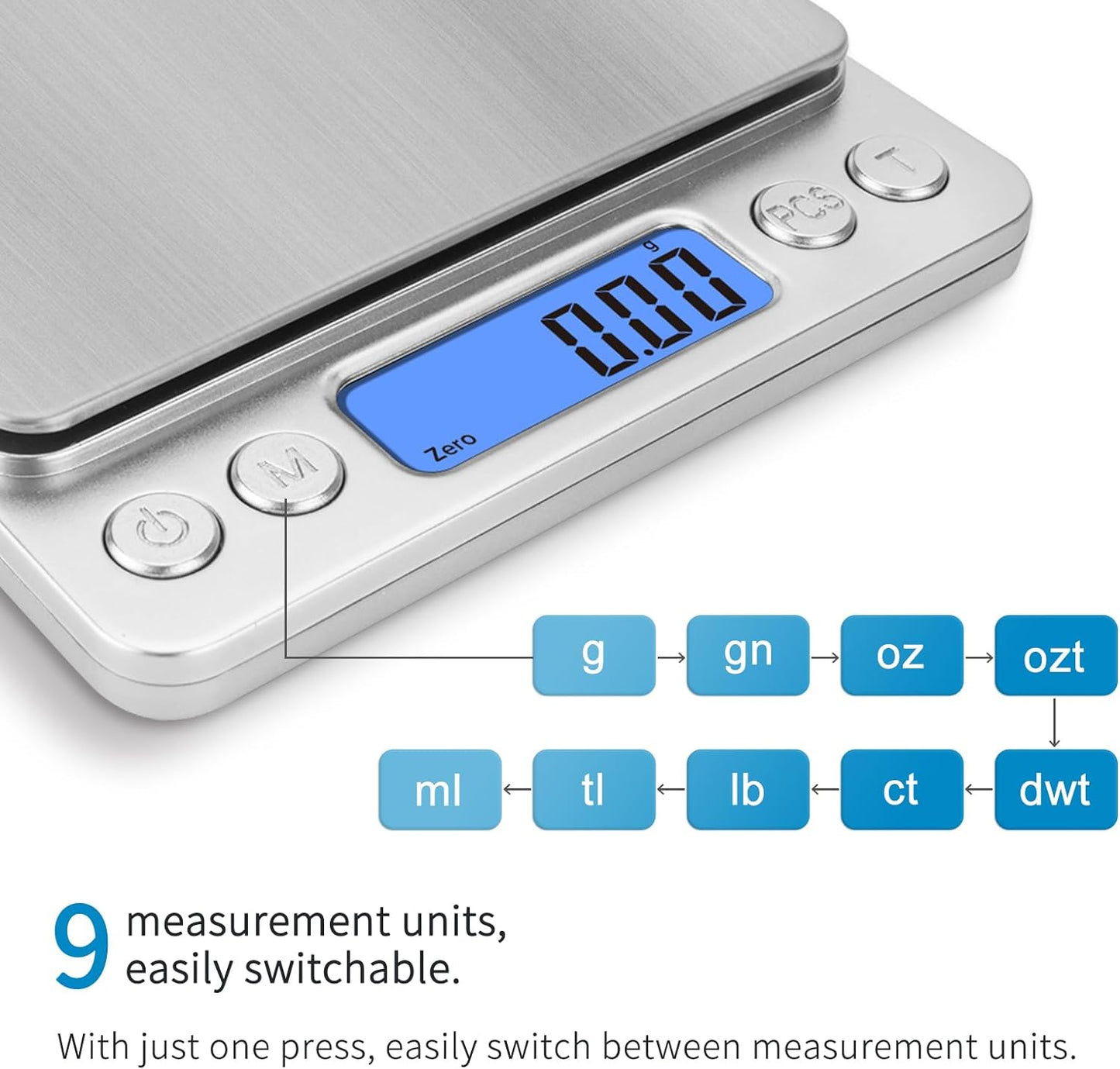 Digital Gram Scale 500g 0.01g Food Scale High Precision Kitchen Scale Multifunctional Stainless Steel Pocket Scale with Back-Lit LCD Display Tare PCS Features Silver