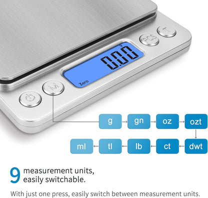 Digital Gram Scale 500g 0.01g Food Scale High Precision Kitchen Scale Multifunctional Stainless Steel Pocket Scale with Back-Lit LCD Display Tare PCS Features Silver