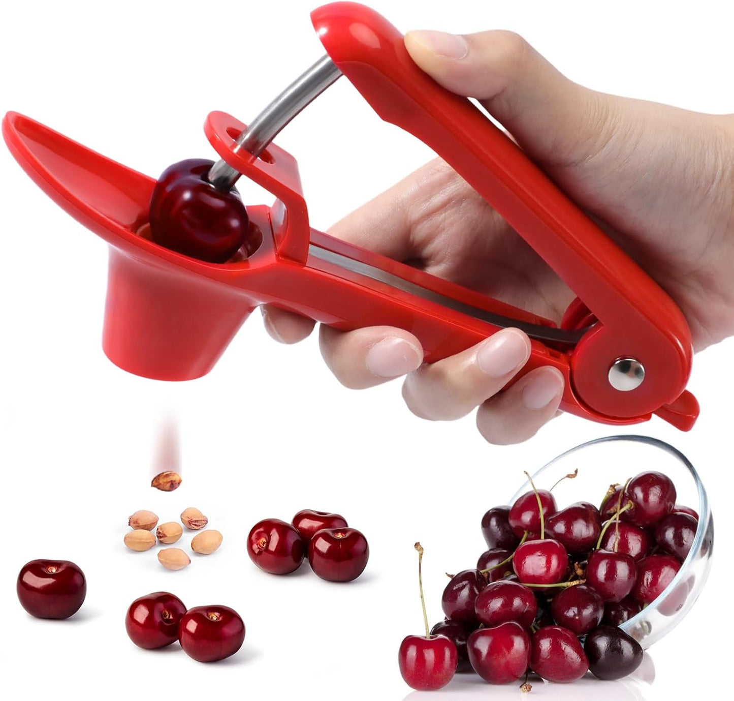 SCHVUBENR Cherry Pitter Tool - Stainless Steel Cherry Corer Pitter with Ergonomic Push Design - Easy to Use for Making Cherry Jam - Pit Cherry with Ease, Saving Time & Space with Lock Design(Red)