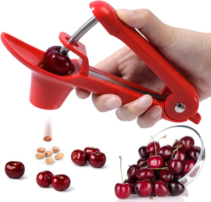 SCHVUBENR Cherry Pitter Tool - Stainless Steel Cherry Corer Pitter with Ergonomic Push Design - Easy to Use for Making Cherry Jam - Pit Cherry with Ease, Saving Time & Space with Lock Design(Red)