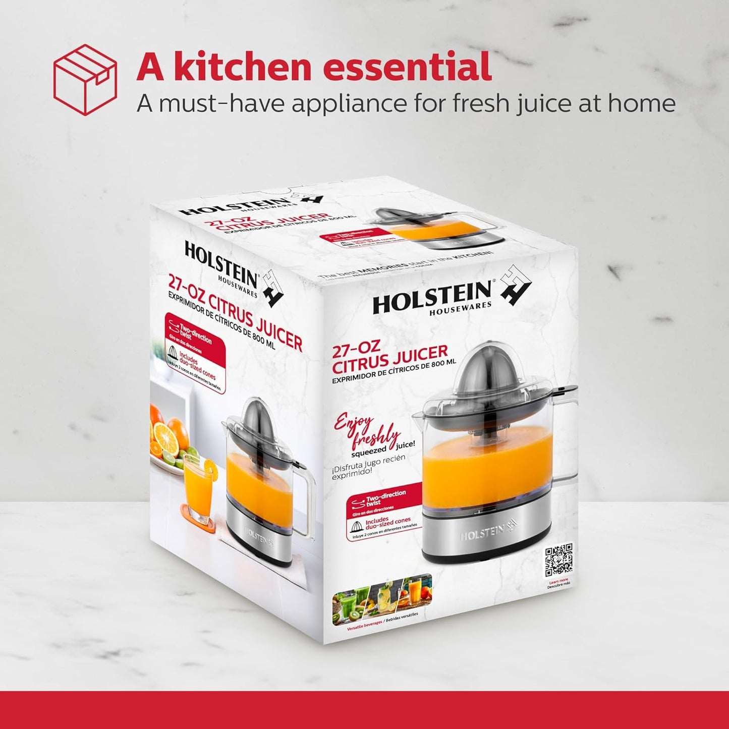 Holstein Housewares 27-oz Electric Citrus Juicer, Black/Stainless Steel - Ideal for Freshly Squeezed Orange, Lemon, Grapefruit Juices for Breakfast or Drinks