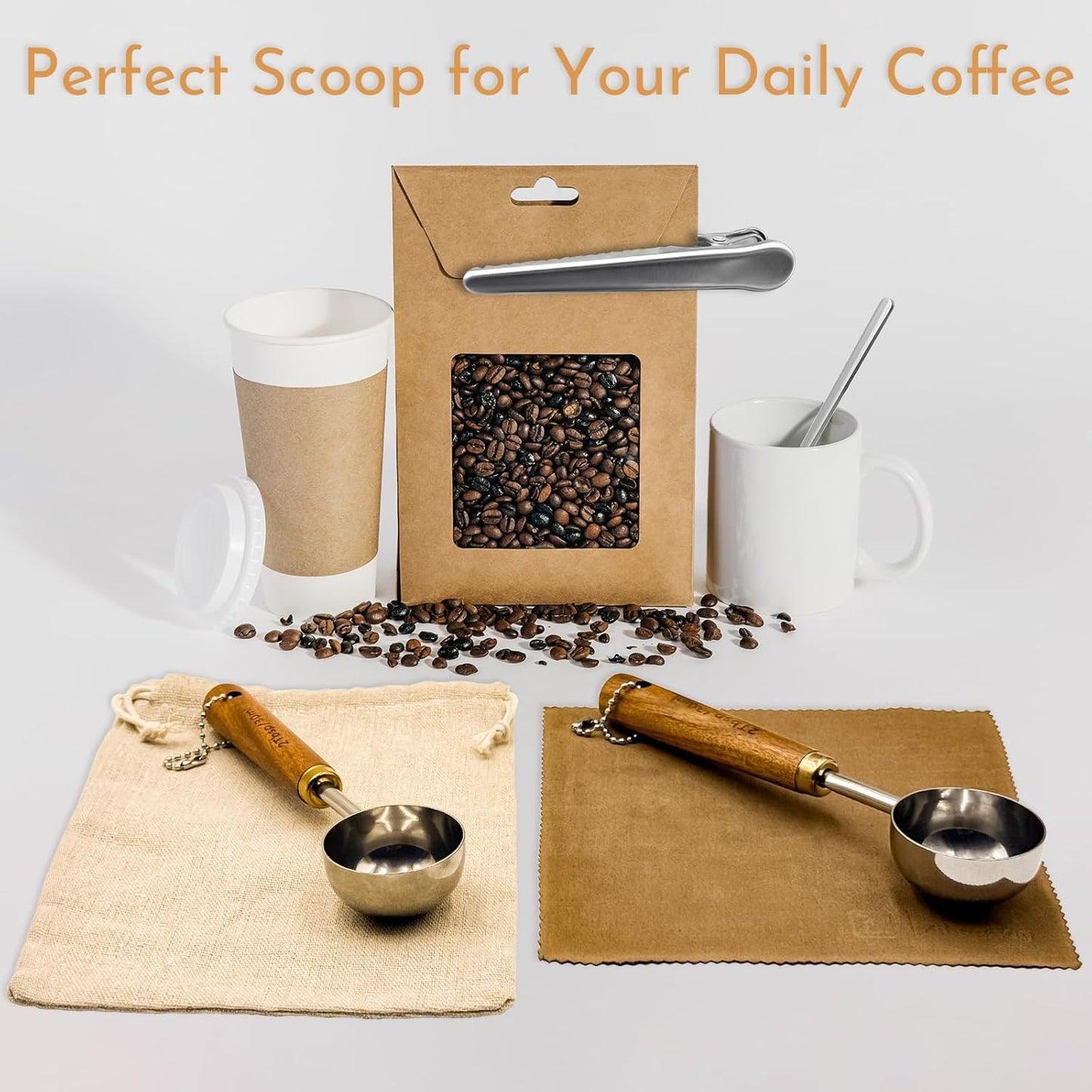 Coffee Scoop with Wooden Handle, 1 Tablespoon/ 15 ml, 304 Stainless Steel Measuring Spoon for Ground Coffee, Espresso, Tea, Protein Powder, Spices (6 Pack)