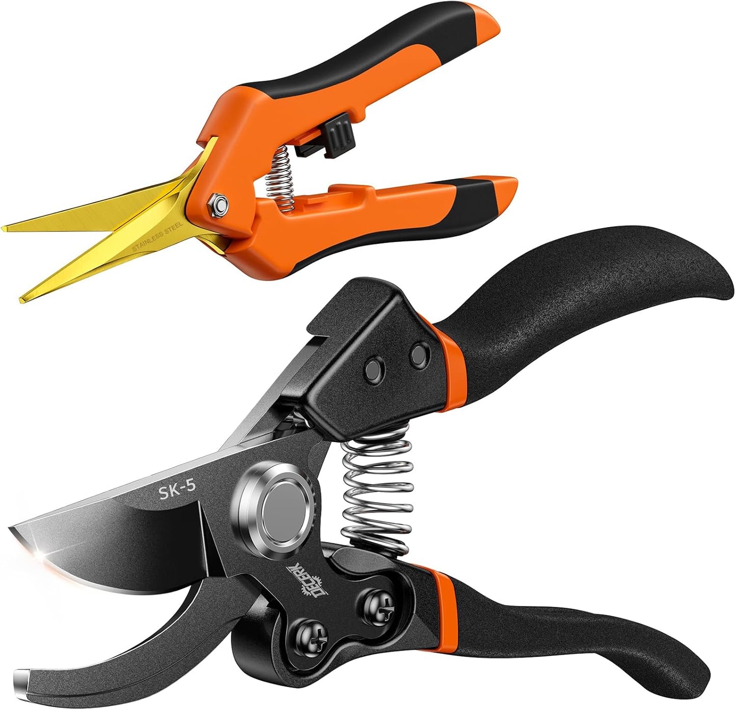 Decerk® 2 Pack Pruning Shears Set, 8.5" Bypass Hand Pruner & 6.5" Precision Snips with Sharp SK5 Steel Blades, Garden Clippers Scissors for Fresh Branch Plant Flower Bonsai