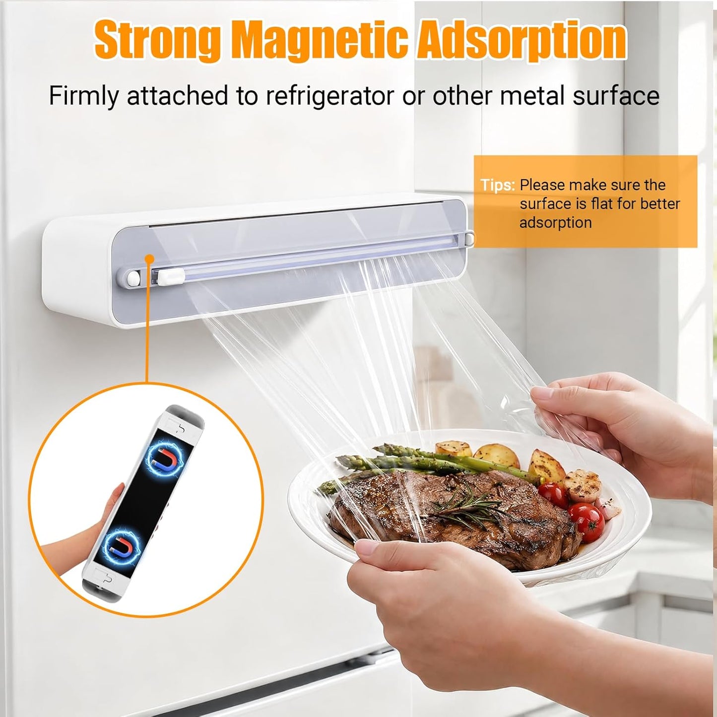 Magnetic Plastic Wrap and Foil Dispenser with Cutter, Upgrade Large Size Fits Max 12.8In x 984Ft Cling Film, Adhesive Wall Mounted Aluminum Foil and Wrap Organizer Holder for Kitchen