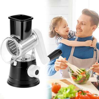QWORK Cheese Grater Hand Crank, Rotary Vegetable Shredder, 3 in 1 Kitchen Speed Spin Veggie Slicer & Nut Grinder, Black