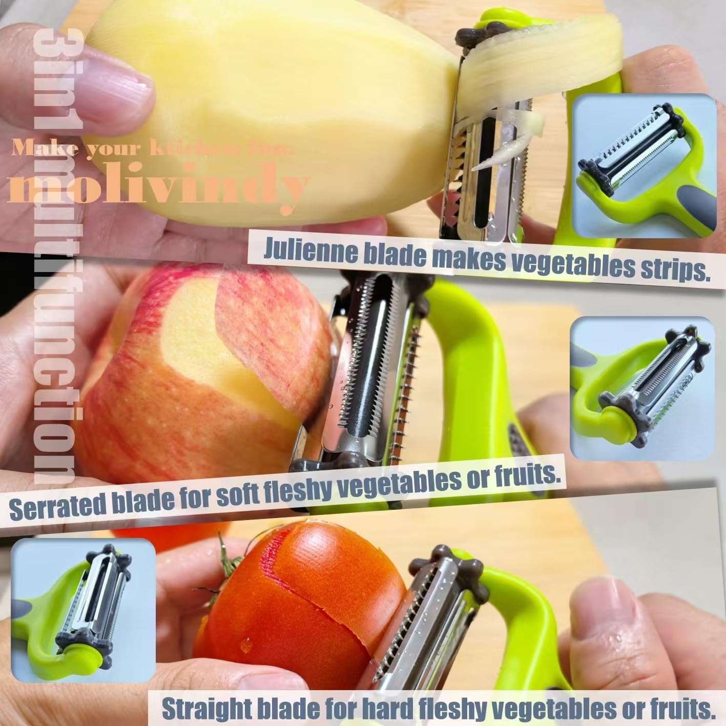 Julienne Peeler, Potato Vegetable Peeler for Kitchen, I and Y Potato Peelers for Apple Fruit Carrot Zucchini Cucumber Veggie, 3 in 1 Blade Spin Design With Julienne Peeler, Anti-Slip Handle